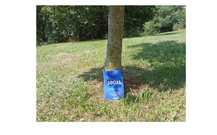 Libro de Trabajo Social en Ejercicio Libre sobre una explanada de cesped y apoyado en el tronco de un árbol.